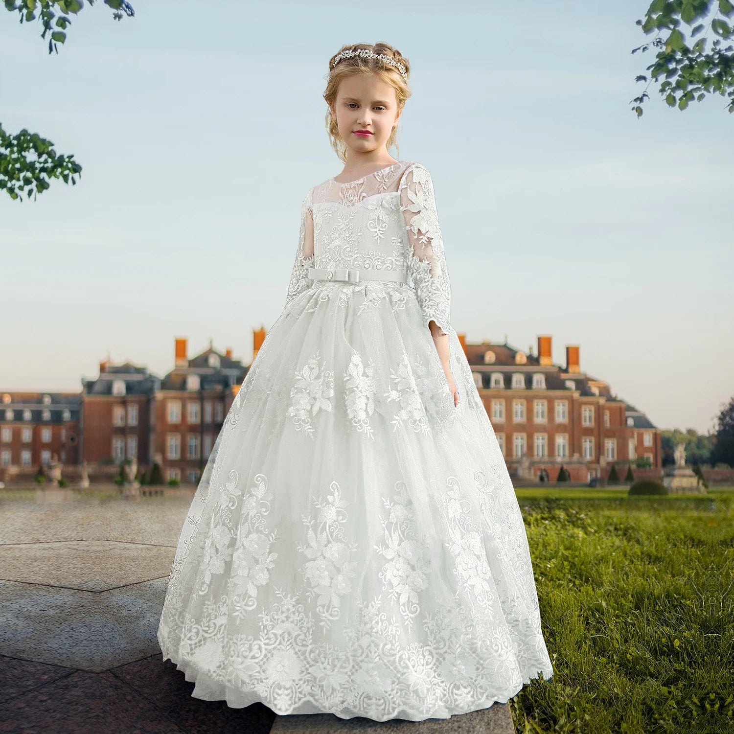 White Lace Flower Girl Dress With Tulle by Baby Minaj Cruz