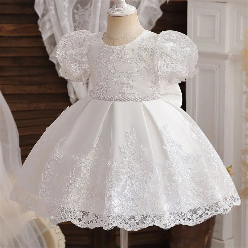 White Lace Flower Girl Dress Puff Sleeve Knee Length For Wedding by Baby Minaj Cruz
