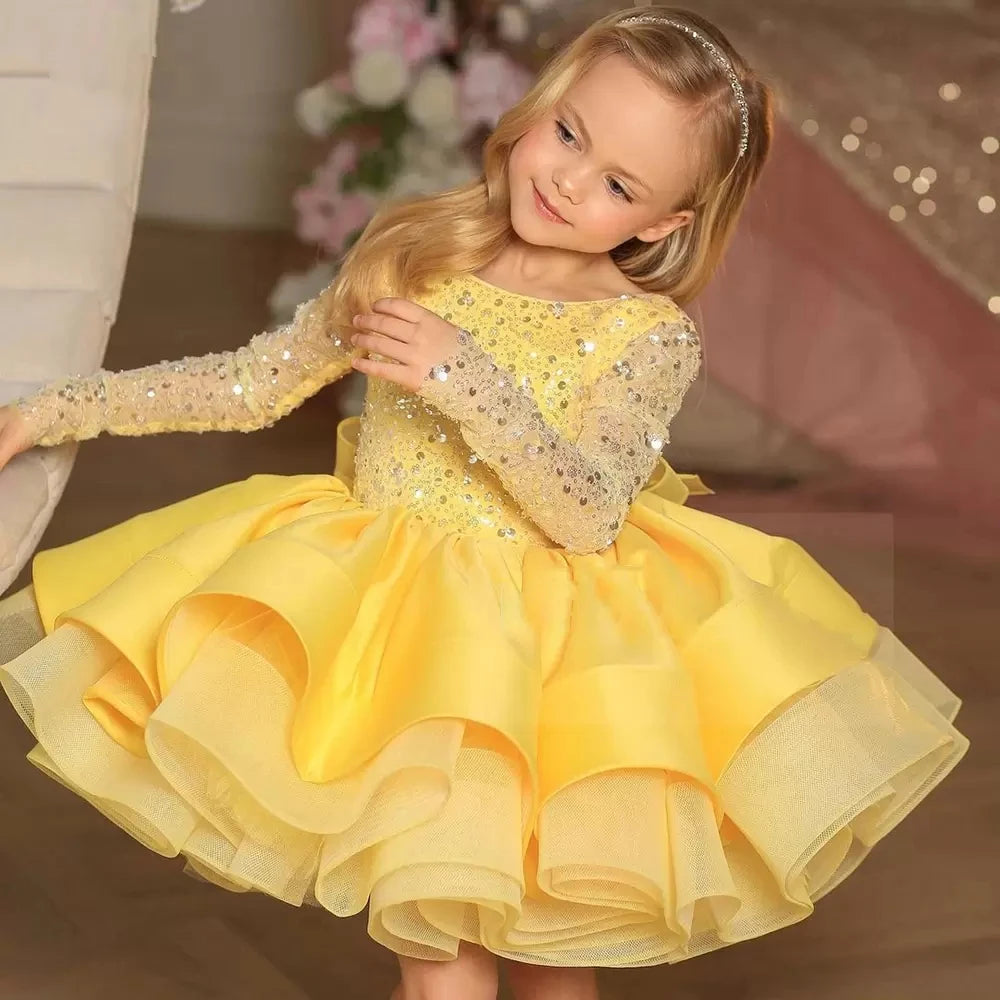 Sequin Baby Fluffy flower girl dresses Longsleeves Yellow by Baby Minaj Cruz