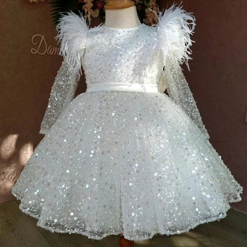 Baby Girl Princess Sequins Tutu Dress Long Feather Sleeve by Baby Minaj Cruz