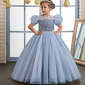 Bubble Sleeve Sequins Flower Girl Dress Blue by Baby Minaj Cruz