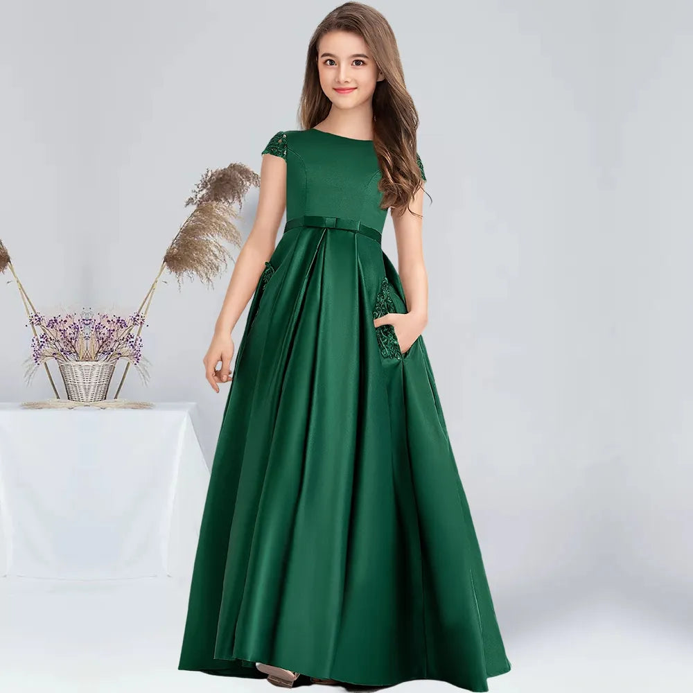Floor-Length Satin Junior Bridesmaid Dresses Dark Green by Baby Minaj Cruz