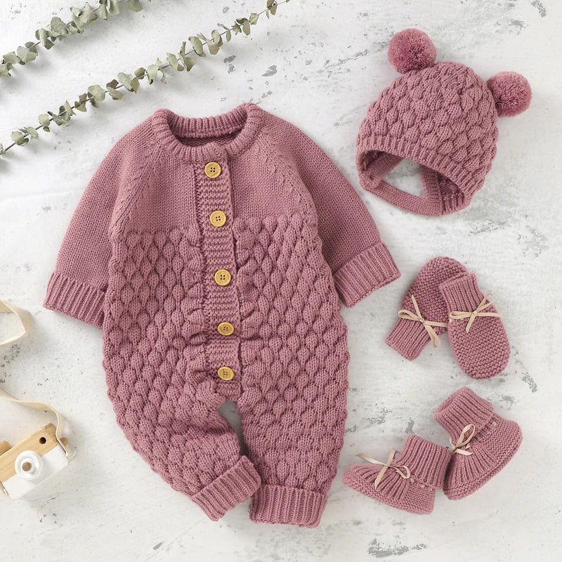 Newborn Knit Baby Romper Boot Mitten Solid Long Sleeve 4PC dark pink by Baby Minaj Cruz