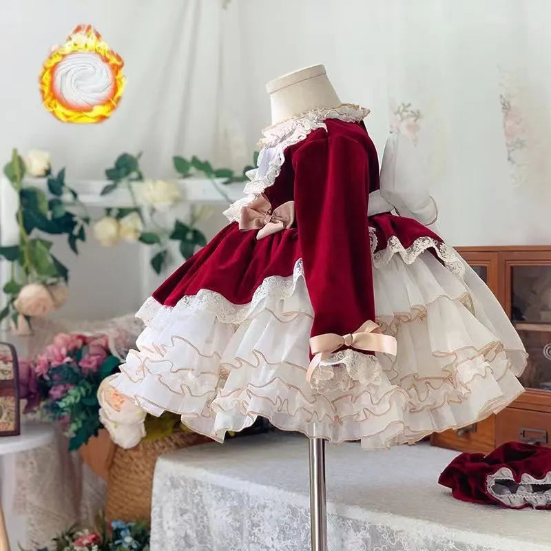 Baby Girl Velvet Christmas Dress Vintage Elegant Bow Tutu For Toddlers dark red by Baby Minaj Cruz