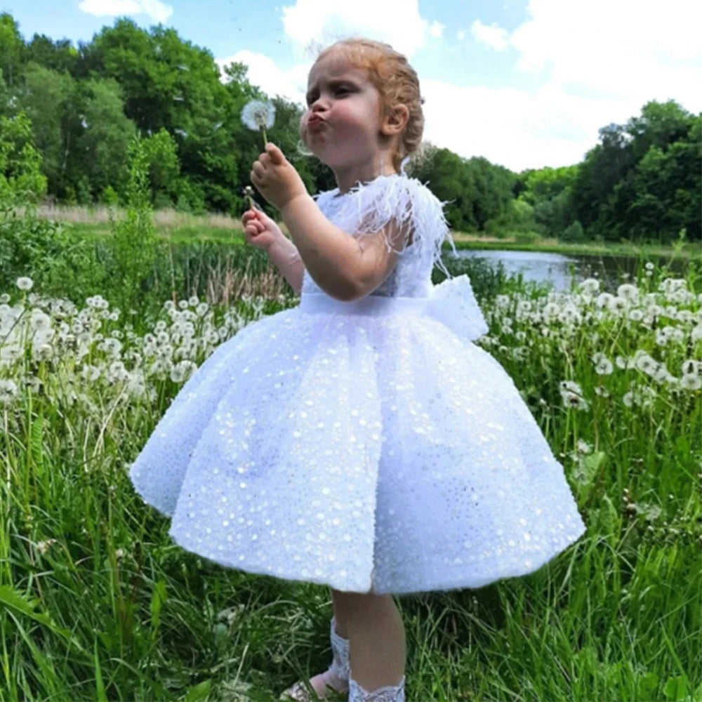 White Sequin Flower Girl Dresses With Fluffy Skirt by Baby Minaj Cruz