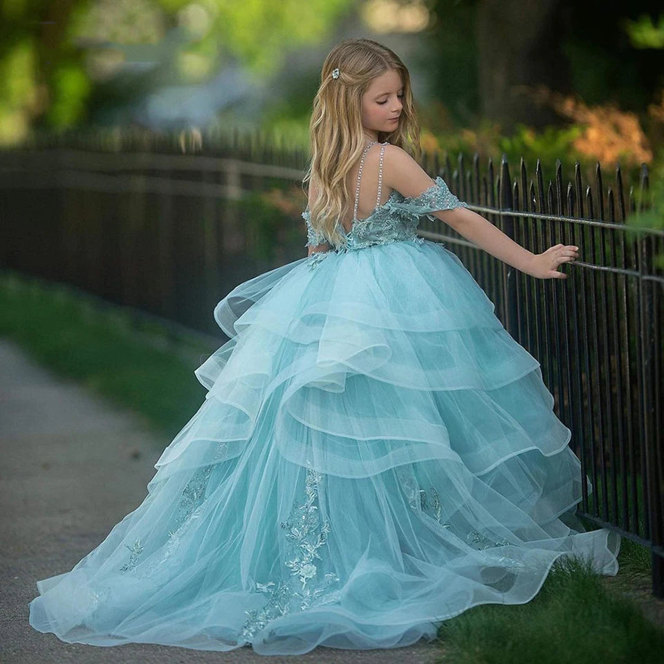 Blue Puffy Off The Shoulder Flower Girl Dresses by Baby Minaj Cruz