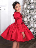Fluffy Red Satin Long Sleeves Flower Girl Dress by Baby Minaj Cruz
