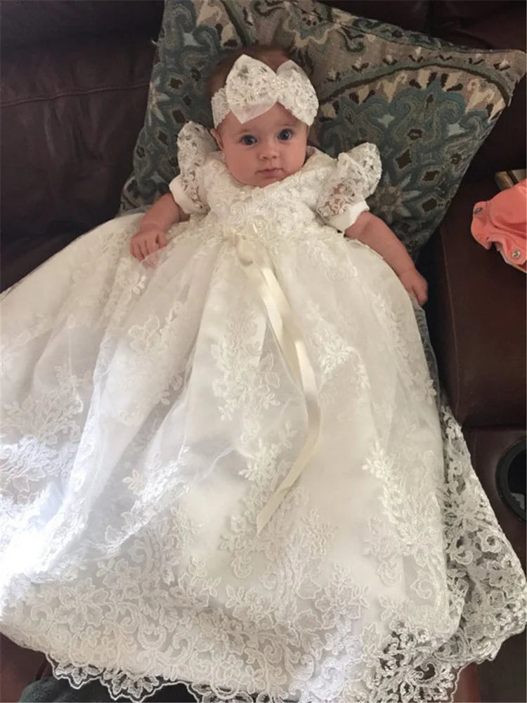 White Lace Baby Girl Christening Gowns White by Baby Minaj Cruz