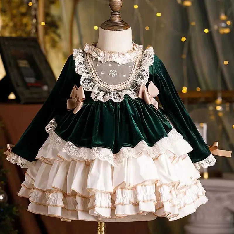 Baby Girl Velvet Christmas Dress Vintage Elegant Bow Tutu For Toddlers green by Baby Minaj Cruz