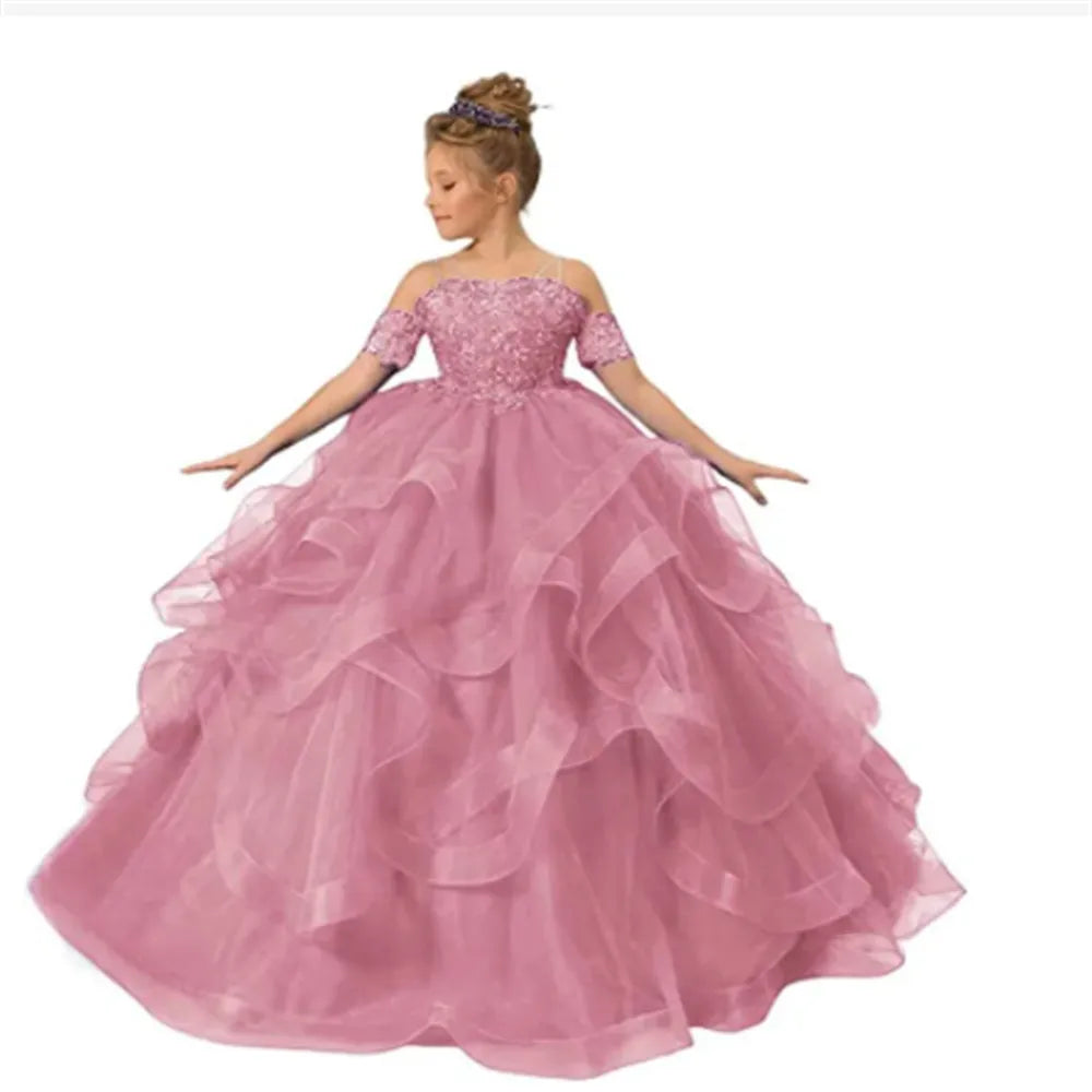Blush Pink Flower Girl Dress Short Sleeve For Wedding by Baby Minaj Cruz