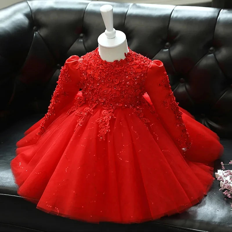 Red Flower Girl Dress Long Sleeve for Wedding Red by Baby Minaj Cruz