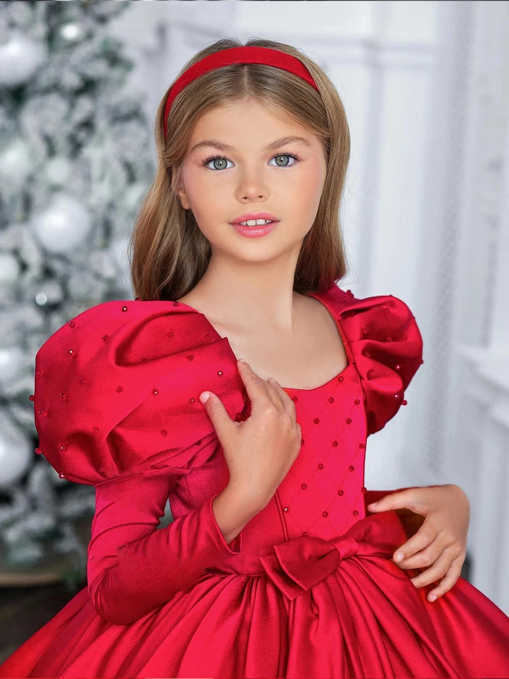Fluffy Red Satin Long Sleeves Flower Girl Dress by Baby Minaj Cruz