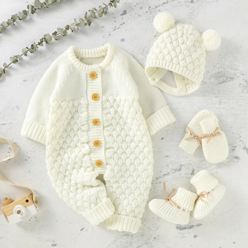Newborn Knit Baby Romper Boot Mitten Solid Long Sleeve 4PC off-white by Baby Minaj Cruz