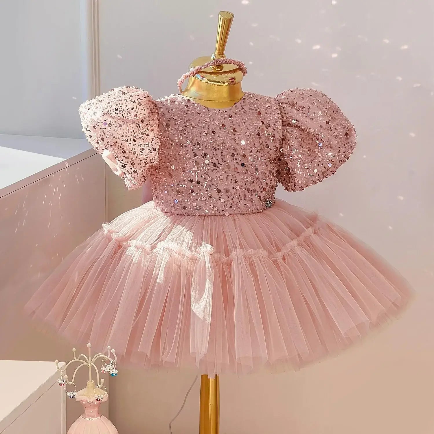 Sequined 1st Birthday Dress For Baby Girl With Tulle Champagne by Baby Minaj Cruz
