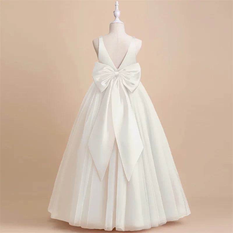 V-Neck Ball Gown Flower Girl Dress With Tulle White by Baby Minaj Cruz