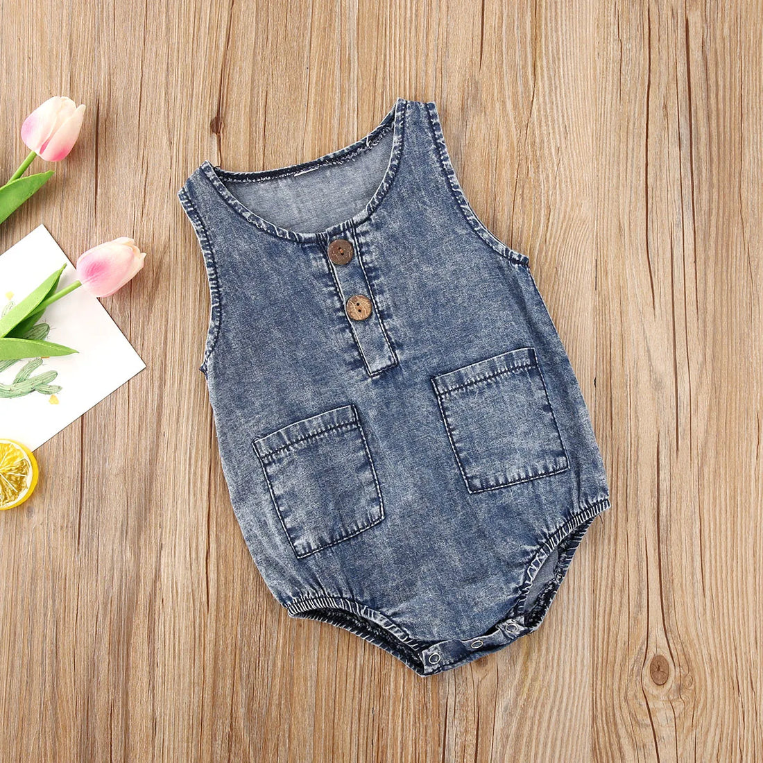 Unisex Sleeveless Button Pocket Cute Denim Rompers by Baby Minaj Cruz