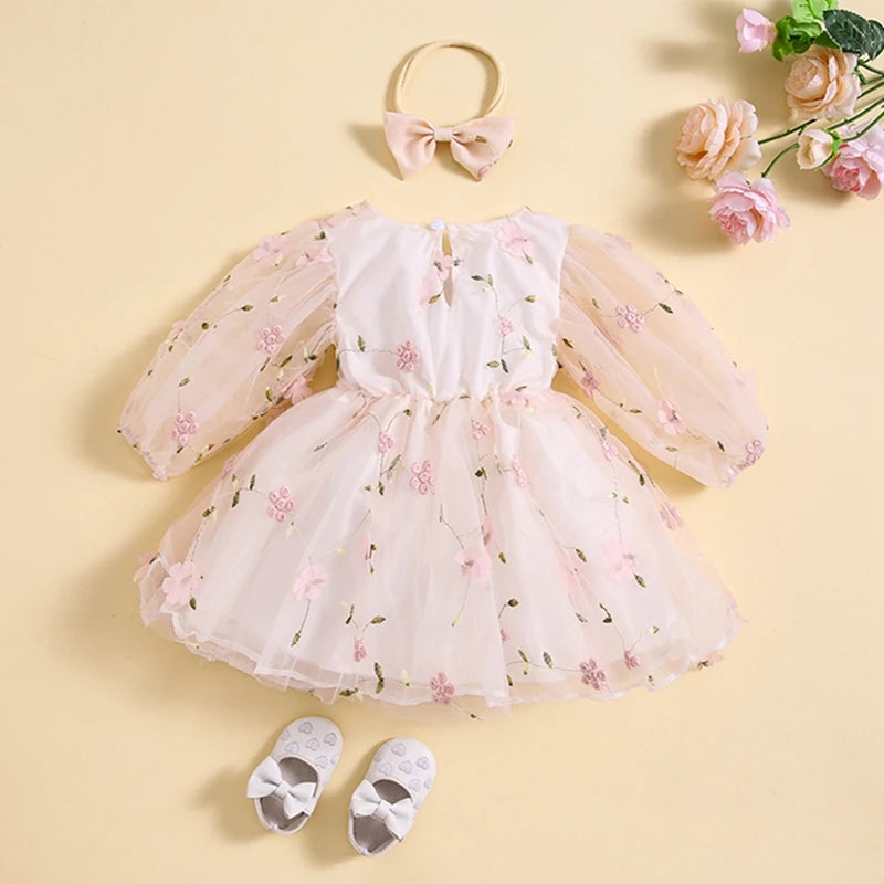Long Sleeve Flower Embroidery Tulle Princess Dress by Baby Minaj Cruz