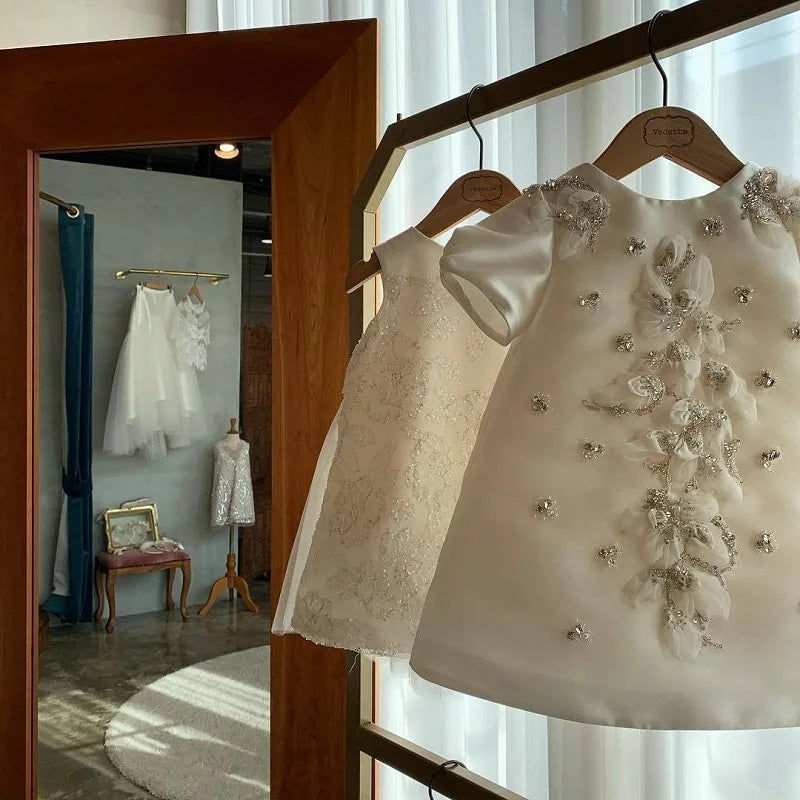 Toddler Pearl Beaded Flower Birthday Dress white united state by Baby Minaj Cruz