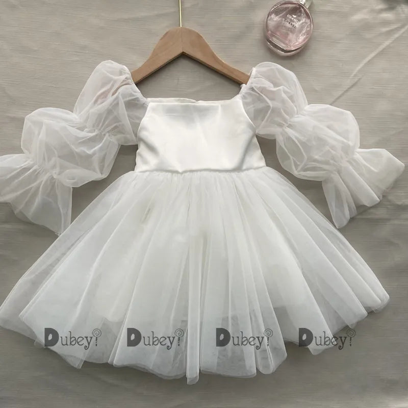 1st White Tutu Birthday Dress Knee Length White Mesh by Baby Minaj Cruz