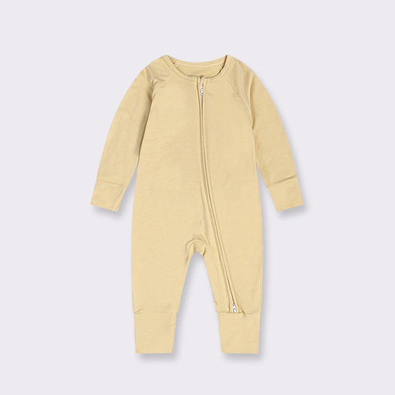 Infant Unisex Long Sleeve Zipper Bamboo Baby Rompers Beige by Baby Minaj Cruz