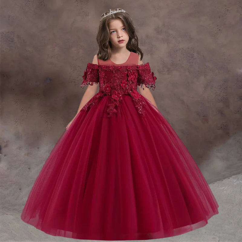 Princess Ankle-Length Flower Girl Dress Lace Tulle Sleeveless Wine red by Baby Minaj Cruz
