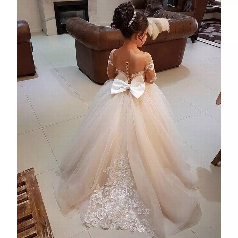 Maxi Formal Prom Sleeveless White Tulle Flower Girl Dress Champagne by Baby Minaj Cruz