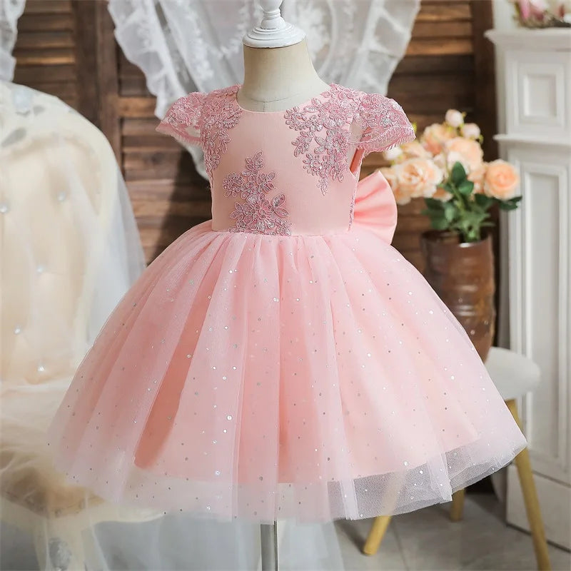 White Lace Flower Girl Dress Puff Sleeve Knee Length For Wedding Pink by Baby Minaj Cruz