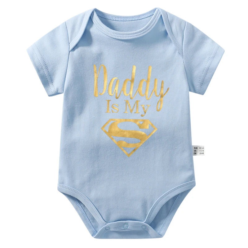 Gold Daddy Is My Hero Funny Print Short Sleeve Bodysuit Baby sky by Baby Minaj Cruz