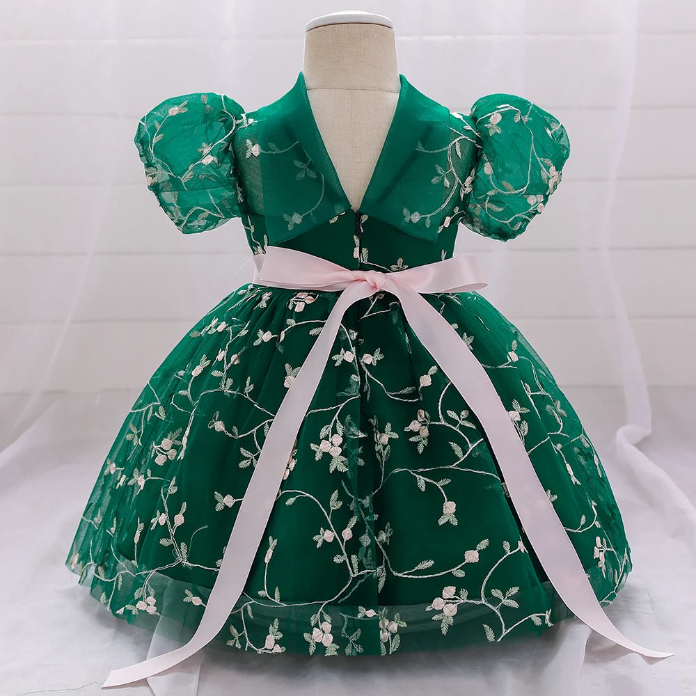 flower embroidered wedding dress Knee Length 1-5 Years dark green by Baby Minaj Cruz