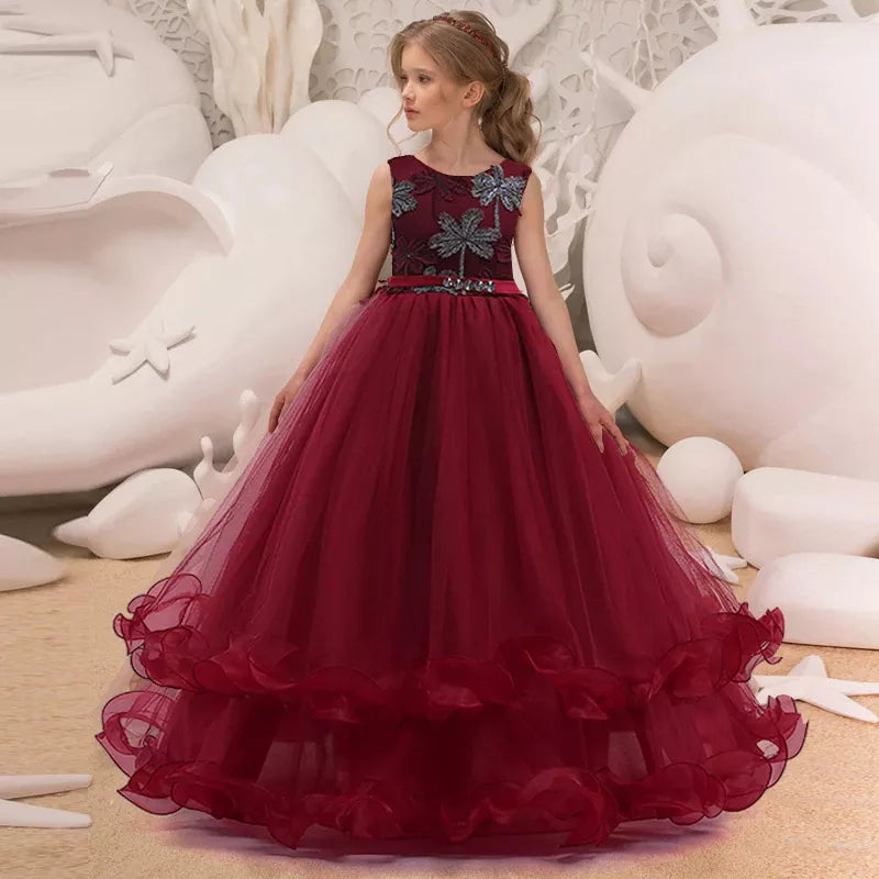 Tulle Flower Girl Dress with floral embroidery dark red by Baby Minaj Cruz